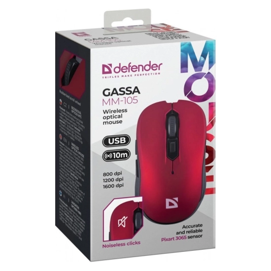 Bezprzewodowa mysz optyczna Defender MM-105 GASSA BORDO 1600dpi 10m